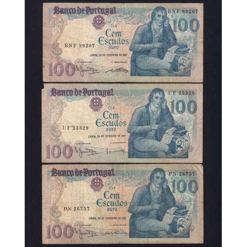 Lot 3 signatures 100 Escudos Bocage 02/24/1981, 100$00 One Hundred Escudos 02/24/1981 Plate:8 Banco de Portugal, (MC), Pick 178b