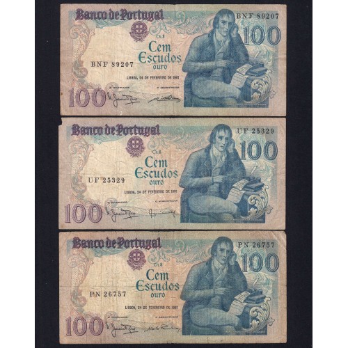 Lote 3 assinaturas 100 Escudos Bocage 24/02/1981, 100$00 Cem Escudos 24/02/1981 Chapa:8 Banco de Portugal, (MC), Pick 178b
