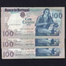 Lot 3 signatures 100 Escudos Bocage 06/04/1985, 100$00 One Hundred Escudos 06/04/1985 Plate:8 Banco de Portugal, (MC), Pick 178e