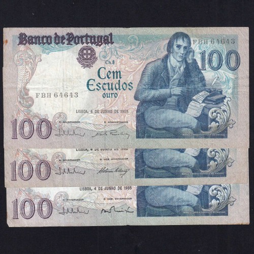 Lot 3 signatures 100 Escudos Bocage 06/04/1985, 100$00 One Hundred Escudos 06/04/1985 Plate:8 Banco de Portugal, (MC), Pick 178e