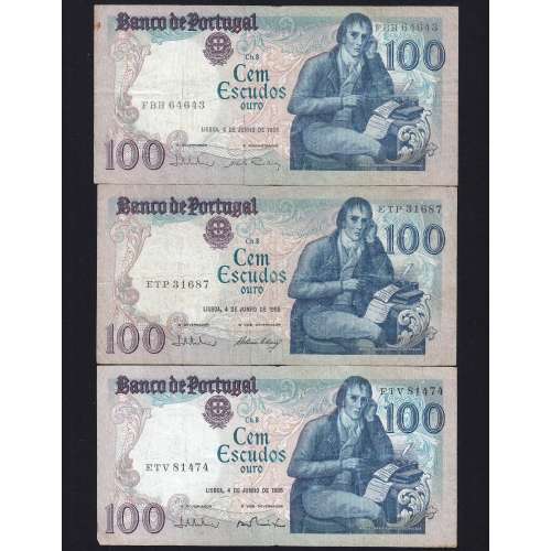 Lot 3 signatures 100 Escudos Bocage 06/04/1985, 100$00 One Hundred Escudos 06/04/1985 Plate:8 Banco de Portugal, (MC), Pick 178e