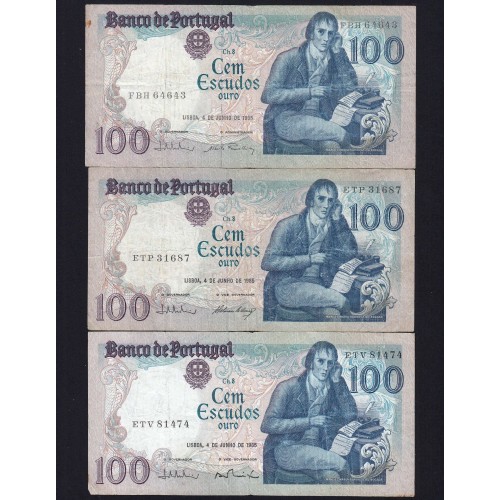 Lot 3 signatures 100 Escudos Bocage 06/04/1985, 100$00 One Hundred Escudos 06/04/1985 Plate:8 Banco de Portugal, (MC), Pick 178e