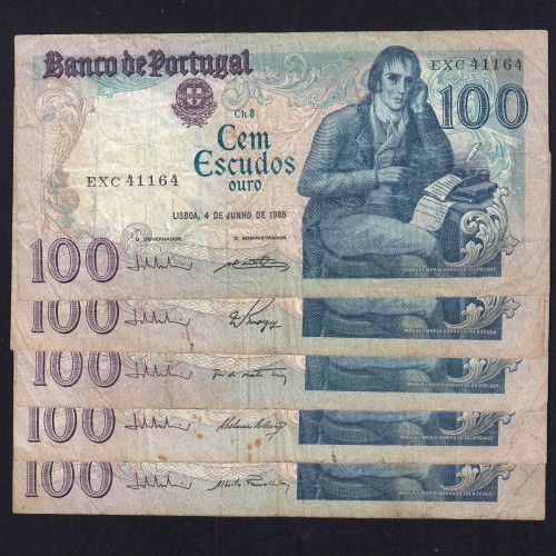 Lote 5 assinaturas 100 Escudos Bocage 04/06/1985, 100$00 Cem Escudos 04/06/1985 Chapa:8 Banco de Portugal, (MC), Pick 178e