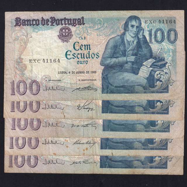 Lote 5 assinaturas 100 Escudos Bocage 04/06/1985, 100$00 Cem Escudos 04/06/1985 Chapa:8 Banco de Portugal, (MC), Pick 178e