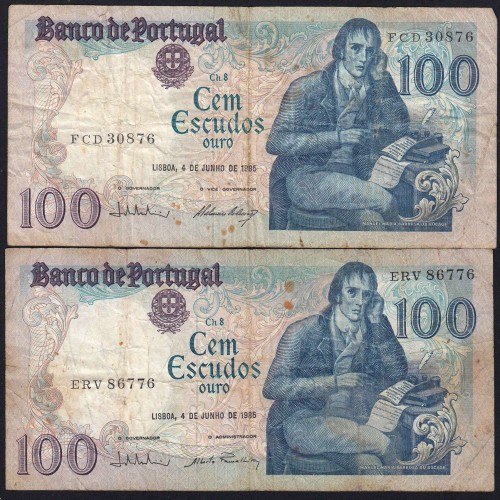 Lote 5 assinaturas 100 Escudos Bocage 04/06/1985, 100$00 Cem Escudos 04/06/1985 Chapa:8 Banco de Portugal, (MC), Pick 178e