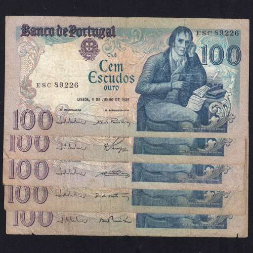Lot 5 signatures 100 Escudos Bocage 06/04/1985, 100$00 One Hundred Escudos 06/04/1985 Plate:8 Banco de Portugal, (MC), Pick 178e
