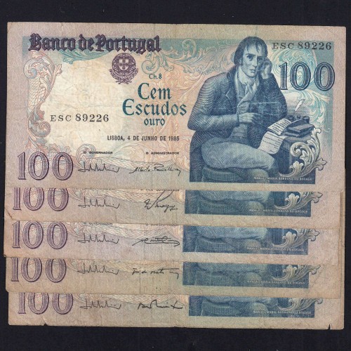 Lot 5 signatures 100 Escudos Bocage 06/04/1985, 100$00 One Hundred Escudos 06/04/1985 Plate:8 Banco de Portugal, (MC), Pick 178e