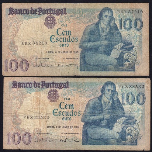 Lote 5 assinaturas 100 Escudos Bocage 04/06/1985, 100$00 Cem Escudos 04/06/1985 Chapa:8 Banco de Portugal, (MC), Pick 178e