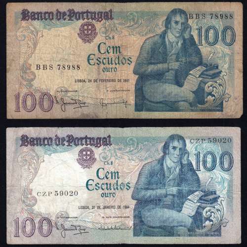 Lot w/ 4 dates of 100 Escudos Bocage, 100$00 One Hundred Escudos Plate: 8 Banco de Portugal, (MC), Pick 178
