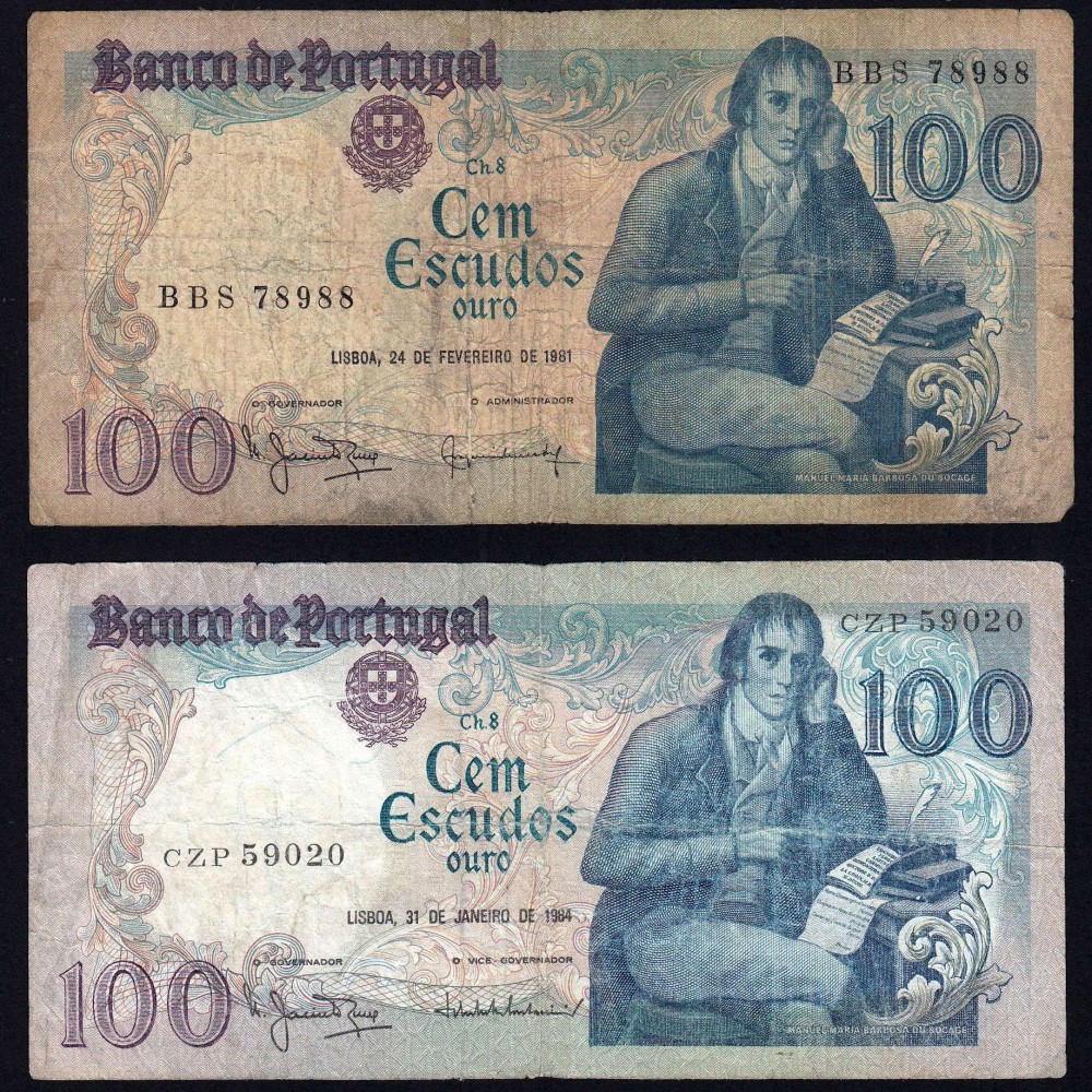Lote c/ 4 datas de 100 Escudos Bocage, 100$00 Cem Escudos Chapa:8 Banco de Portugal, (MC), Pick 178
