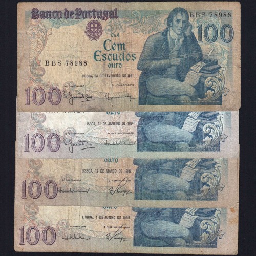 Lote c/ 4 datas de 100 Escudos Bocage, 100$00 Cem Escudos Chapa:8 Banco de Portugal, (MC), Pick 178