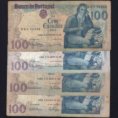 Lot w/ 4 dates of 100 Escudos Bocage, 100$00 One Hundred Escudos Plate: 8 Banco de Portugal, (MC), Pick 178