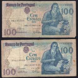 Lot w/ 4 dates of 100 Escudos Bocage, 100$00 One Hundred Escudos Plate: 8 Banco de Portugal, (MC), Pick 178