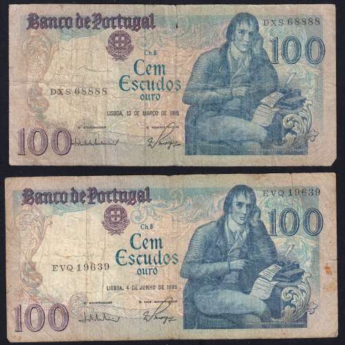 Lot w/ 4 dates of 100 Escudos Bocage, 100$00 One Hundred Escudos Plate: 8 Banco de Portugal, (MC), Pick 178