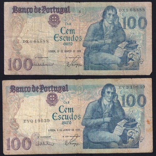 Lot w/ 4 dates of 100 Escudos Bocage, 100$00 One Hundred Escudos Plate: 8 Banco de Portugal, (MC), Pick 178