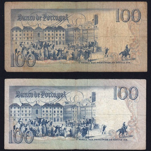 Lot w/ 4 dates of 100 Escudos Bocage, 100$00 One Hundred Escudos Plate: 8 Banco de Portugal, (MC), Pick 178