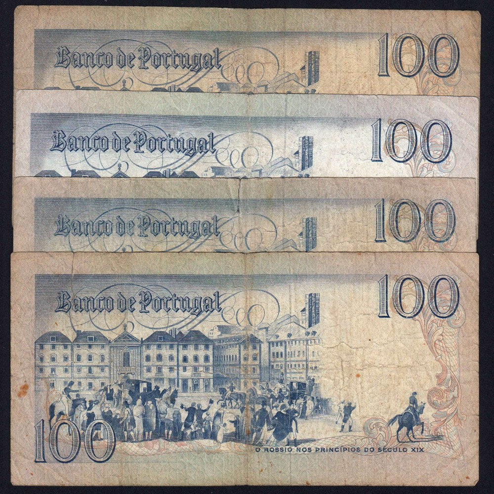 Lote c/ 4 datas de 100 Escudos Bocage, 100$00 Cem Escudos Chapa:8 Banco de Portugal, (MC), Pick 178