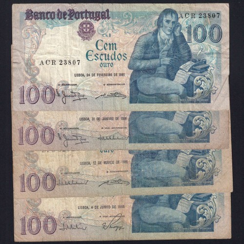 Lote c/ 4 datas de 100 Escudos Bocage, 100$00 Cem Escudos Chapa:8 Banco de Portugal, (MC), Pick 178