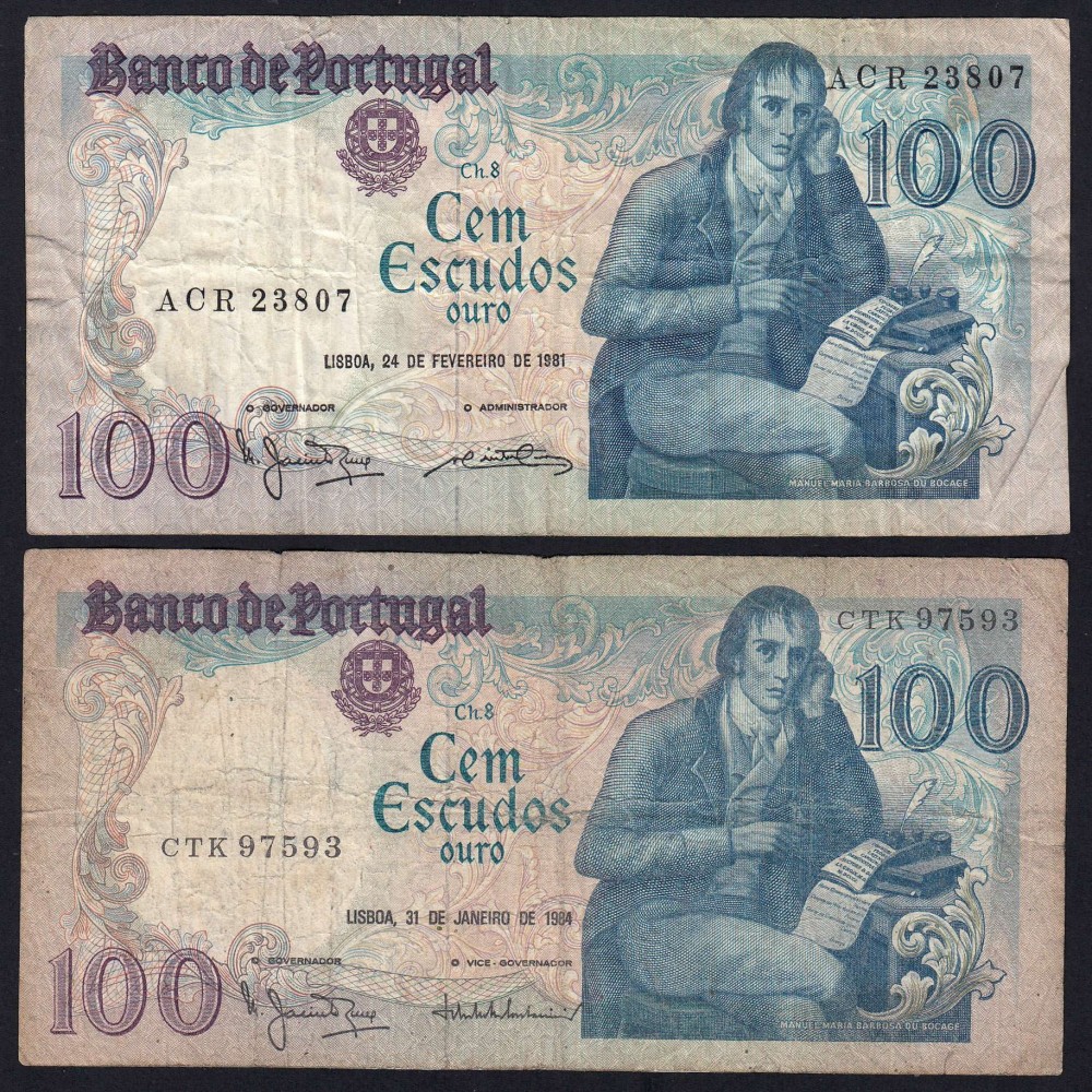 Lote c/ 4 datas de 100 Escudos Bocage, 100$00 Cem Escudos Chapa:8 Banco de Portugal, (MC), Pick 178