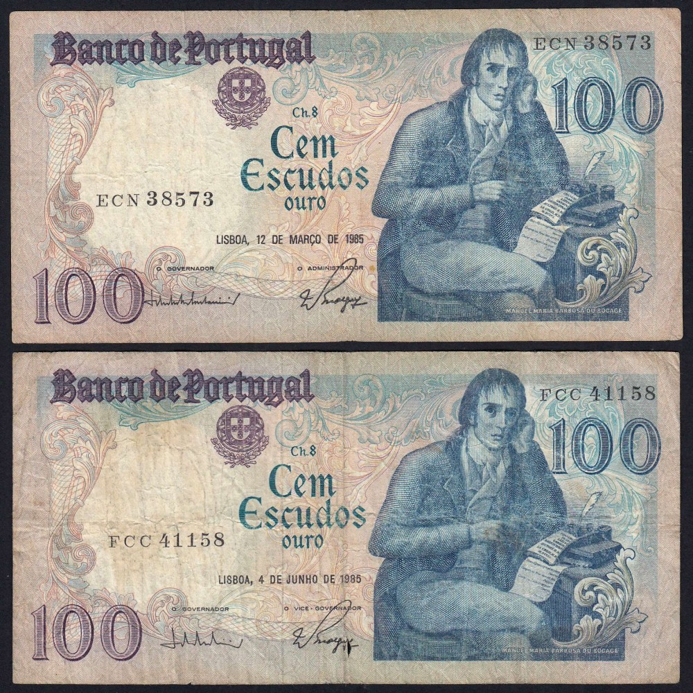 Lote c/ 4 datas de 100 Escudos Bocage, 100$00 Cem Escudos Chapa:8 Banco de Portugal, (MC), Pick 178