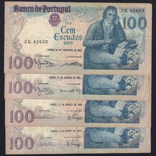 Lote c/ 4 datas de 100 Escudos Bocage, 100$00 Cem Escudos Chapa:8 Banco de Portugal, (MC), Pick 178