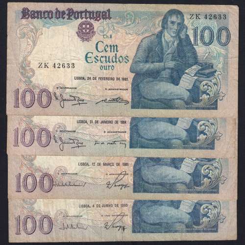 Lot w/ 4 dates of 100 Escudos Bocage, 100$00 One Hundred Escudos Plate: 8 Banco de Portugal, (MC), Pick 178