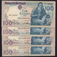 Lot w/ 4 dates of 100 Escudos Bocage, 100$00 One Hundred Escudos Plate: 8 Banco de Portugal, (MC), Pick 178