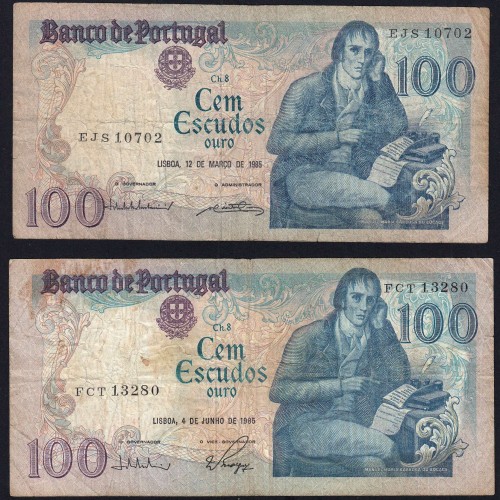 Lot w/ 4 dates of 100 Escudos Bocage, 100$00 One Hundred Escudos Plate: 8 Banco de Portugal, (MC), Pick 178