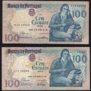 Lot w/ 4 dates of 100 Escudos Bocage, 100$00 One Hundred Escudos Plate: 8 Banco de Portugal, (MC), Pick 178