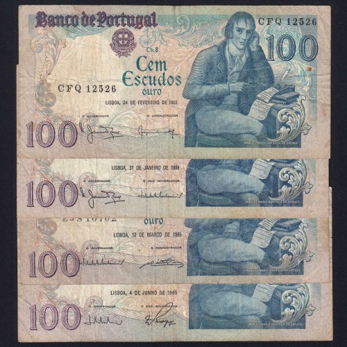 Lot w/ 4 dates of 100 Escudos Bocage, 100$00 One Hundred Escudos Plate: 8 Banco de Portugal, (MC), Pick 178