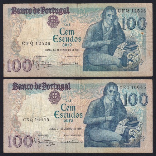 Lot w/ 4 dates of 100 Escudos Bocage, 100$00 One Hundred Escudos Plate: 8 Banco de Portugal, (MC), Pick 178