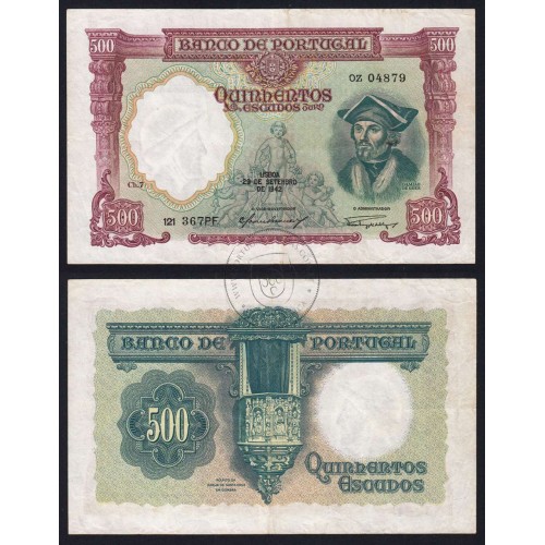 NOTA DE 500 ESCUDOS 1942 ( CIRCULADA ) "500$00 1942 Ch.7 DAMIÃO GÓIS - BANCO DE PORTUGAL (29/09/1942)