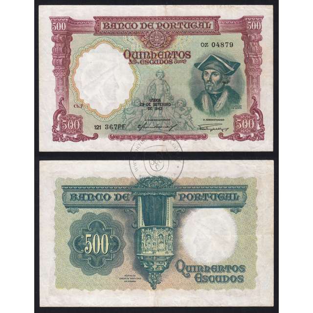 NOTA DE 500 ESCUDOS 1942 ( CIRCULADA ) "500$00 1942 Ch.7 DAMIÃO GÓIS - BANCO DE PORTUGAL (29/09/1942)