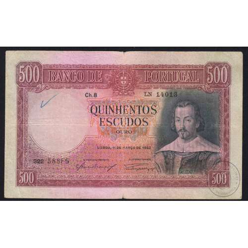 NOTA DE 500 ESCUDOS 1952 ( CIRCULADA ) "500$00 1952 Ch.8 D.JOÃO IV - BANCO DE PORTUGAL (11/03/1952)