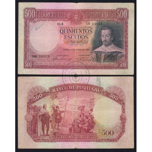 NOTA DE 500 ESCUDOS 1952 ( CIRCULADA ) "500$00 1952 Ch.8 D.JOÃO IV - BANCO DE PORTUGAL (11/03/1952)