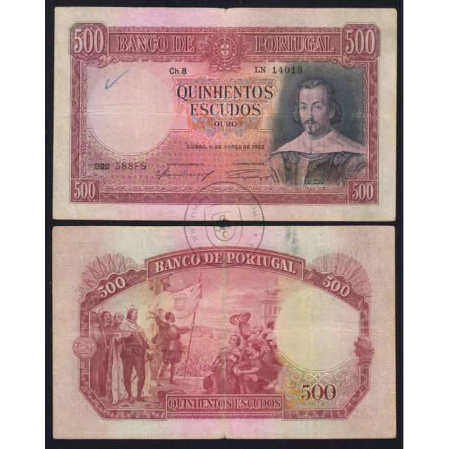 NOTA DE 500 ESCUDOS 1952 ( CIRCULADA ) "500$00 1952 Ch.8 D.JOÃO IV - BANCO DE PORTUGAL (11/03/1952)