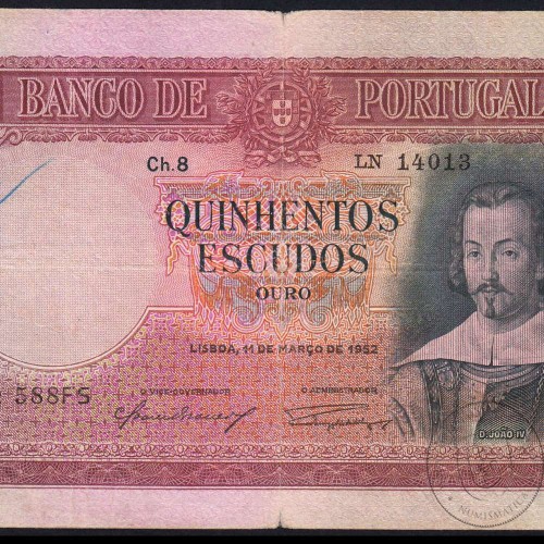 NOTA DE 500 ESCUDOS 1952 ( CIRCULADA ) "500$00 1952 Ch.8 D.JOÃO IV - BANCO DE PORTUGAL (11/03/1952)