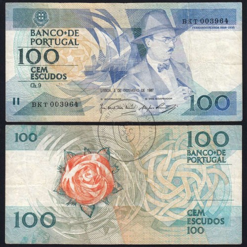 100 Escudos Fernando Pessoa 03.12.1987, One Hundred Escudos 3 december 1987 Plate 9 - Bank of Portugal, (C), Pick 179d