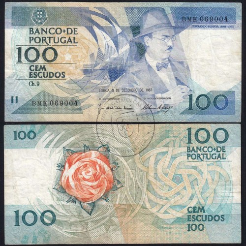 100 Escudos Fernando Pessoa 03.12.1987, One Hundred Escudos 3 december 1987 Plate 9 - Bank of Portugal, (C), Pick 179d