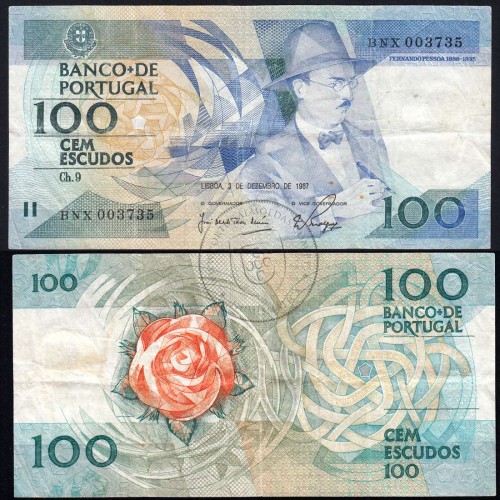 100 Escudos 1987 Fernando Pessoa 03/12/1987, 100$00 Cem Escudos 03/12/1987 Chapa:9 Banco de Portugal, (C), Pick 179d