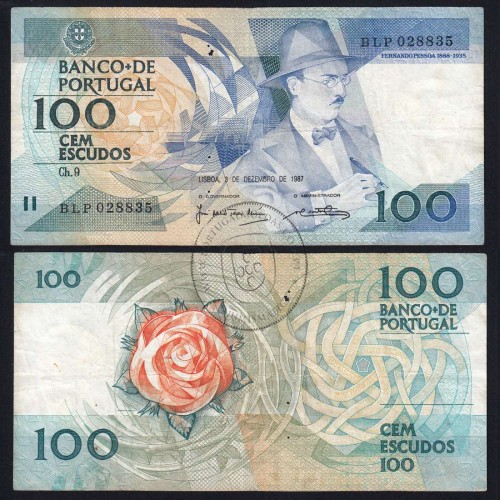 100 Escudos Fernando Pessoa 03.12.1987, One Hundred Escudos 3 december 1987 Plate 9 - Bank of Portugal, (C w/holes), Pick 179d