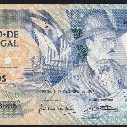 100 Escudos Fernando Pessoa 03.12.1987, One Hundred Escudos 3 december 1987 Plate 9 - Bank of Portugal, (C w/holes), Pick 179d