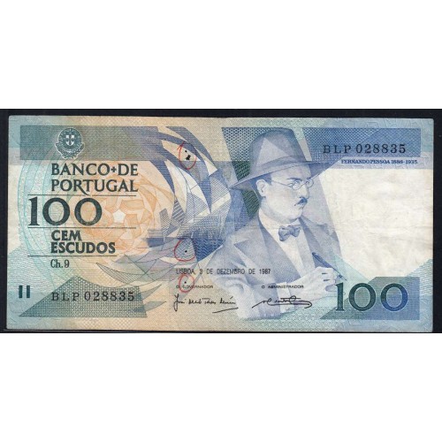 100 Escudos Fernando Pessoa 03.12.1987, One Hundred Escudos 3 december 1987 Plate 9 - Bank of Portugal, (C w/holes), Pick 179d
