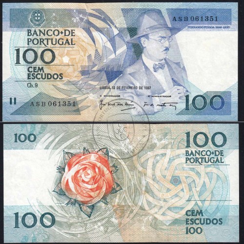 100 Escudos 1987 Fernando Pessoa 12/02/1987, 100$00 Cem Escudos 12/02/1987 Chapa:9 Banco de Portugal, (C), Pick 179b