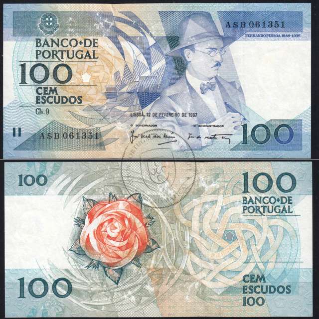 100 Escudos 1987 Fernando Pessoa 12/02/1987, 100$00 Cem Escudos 12/02/1987 Chapa:9 Banco de Portugal, (C), Pick 179b