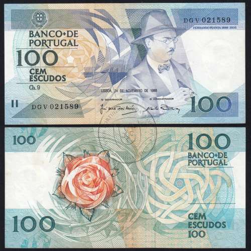 100 Escudos Fernando Pessoa , One Hundred Escudos 24 November 1988 Plate 9 - Bank of Portugal, (PC w/stains), Pick 179f