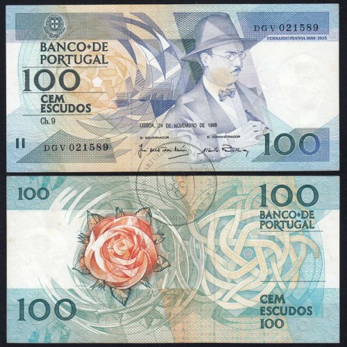 100 Escudos 1988 Fernando Pessoa 24/11/1988, 100$00 Cem Escudos 24/11/1988 Chapa:9 Banco de Portugal, (PC c/ manchas), Pick 179f