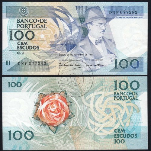 100 Escudos 1988 Fernando Pessoa 24/11/1988, 100$00 Cem Escudos 24/11/1988 Chapa:9 Banco de Portugal, (PC), Pick 179f