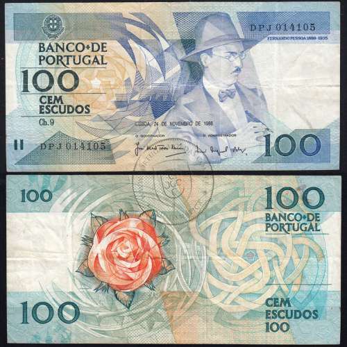 100 Escudos 1988 Fernando Pessoa 24/11/1988, 100$00 Cem Escudos 24/11/1988 Chapa:9 Banco de Portugal, (C), Pick 179f
