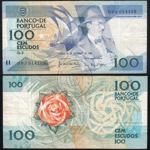 100 Escudos 1988 Fernando Pessoa 24/11/1988, 100$00 Cem Escudos 24/11/1988 Chapa:9 Banco de Portugal, (C), Pick 179f